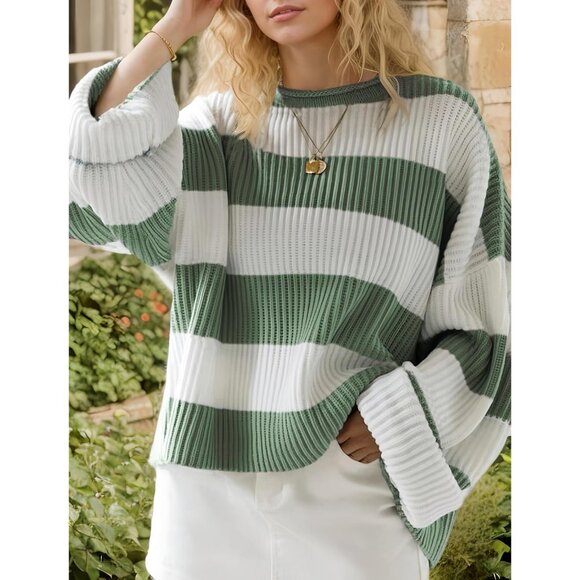 Women's White Green Pullover Drop Shoulder Long Sleeve Retro Stripe Fall Sweater - Picture 2 of 4